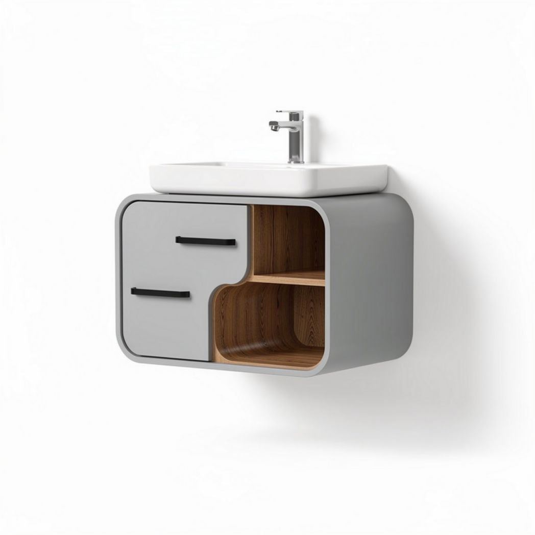 Wall-mounted bathroom vanity with ceramic sink and wooden storage 60 x 40 x 30cm