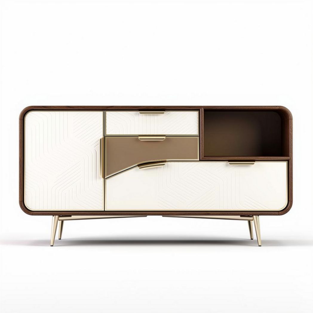 Modern storage cabinet with geometric design in white and brown 150 x 40 x 75cm