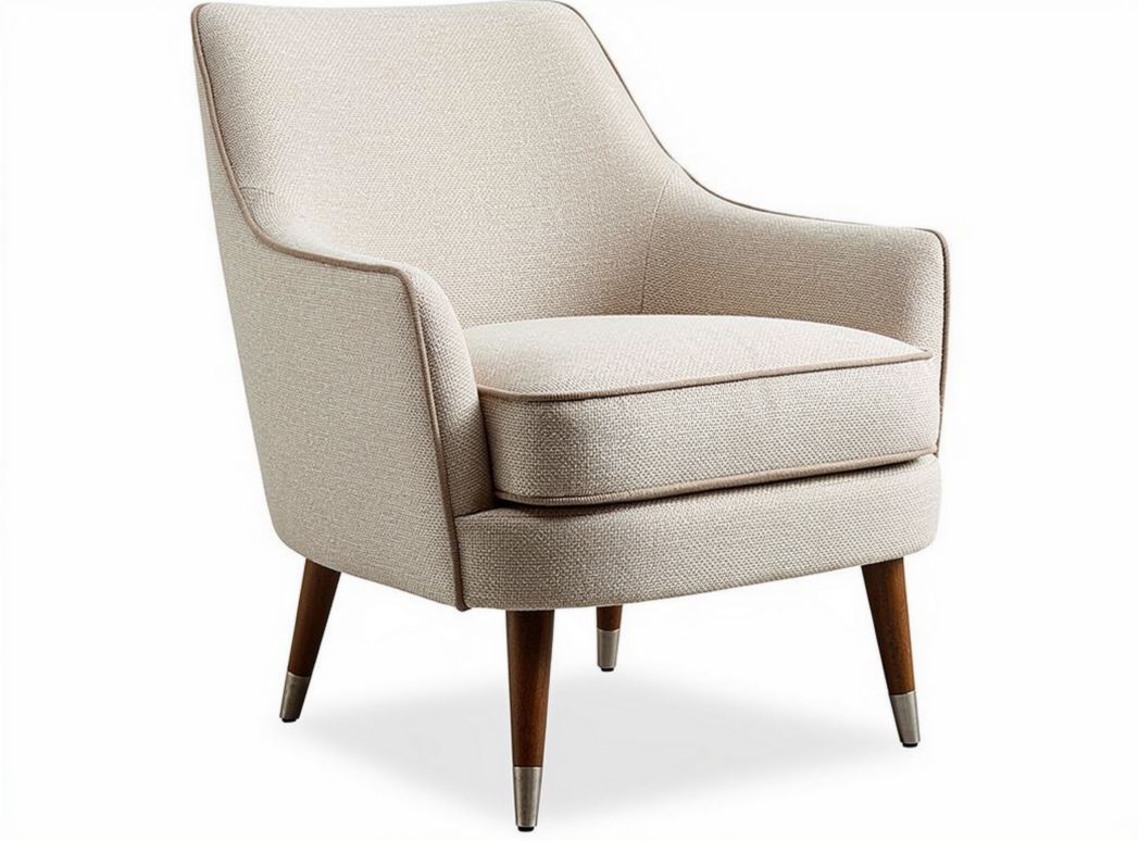 Fabric accent chair in cream color with wooden legs and contemporary design