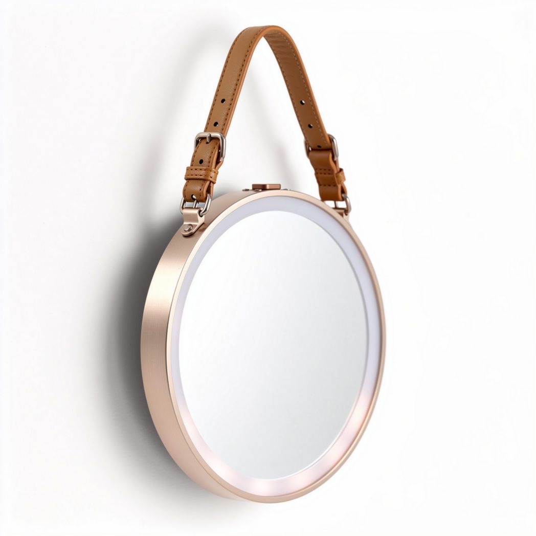 Round wall mirror with leather strap and LED light 20 x 20 x 3cm