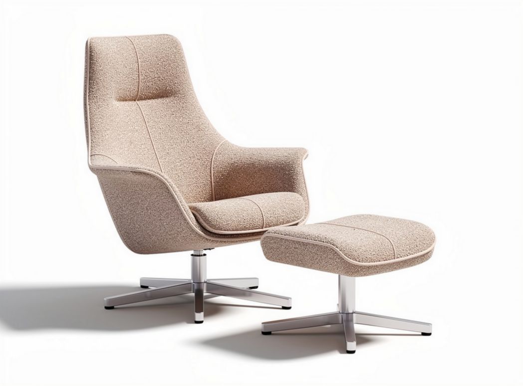 Fabric upholstered lounge chair with matching ottoman in beige 80 x 80 x 100cm