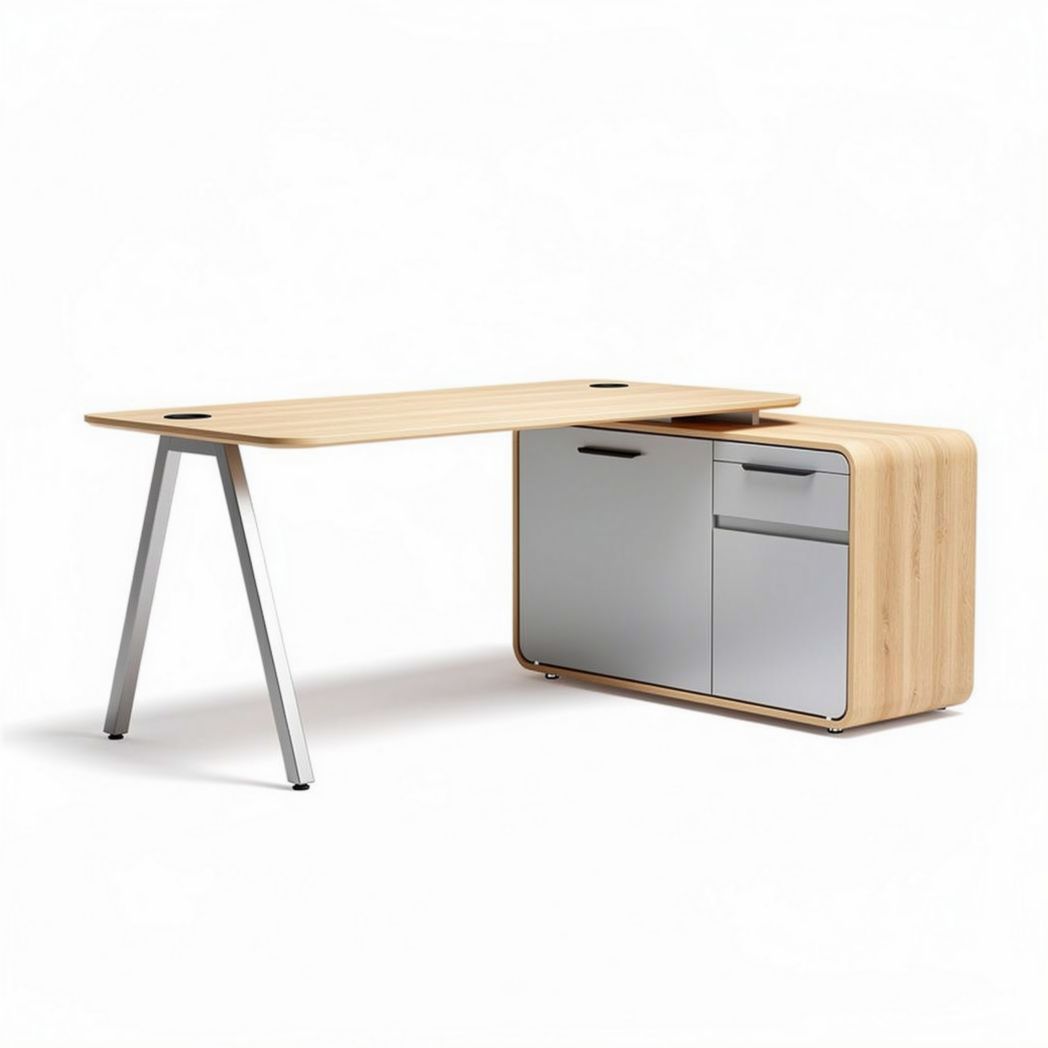 Contemporary office desk with storage cabinet in natural wood finish 150 x 70 x 75cm