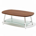 Modern oval coffee table with walnut finish and glass shelf 120 x 70 x 40cm