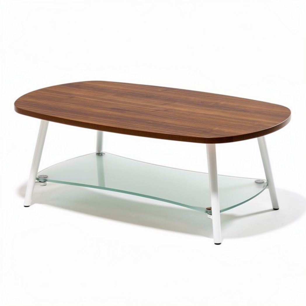 Modern oval coffee table with walnut finish and glass shelf 120 x 70 x 40cm