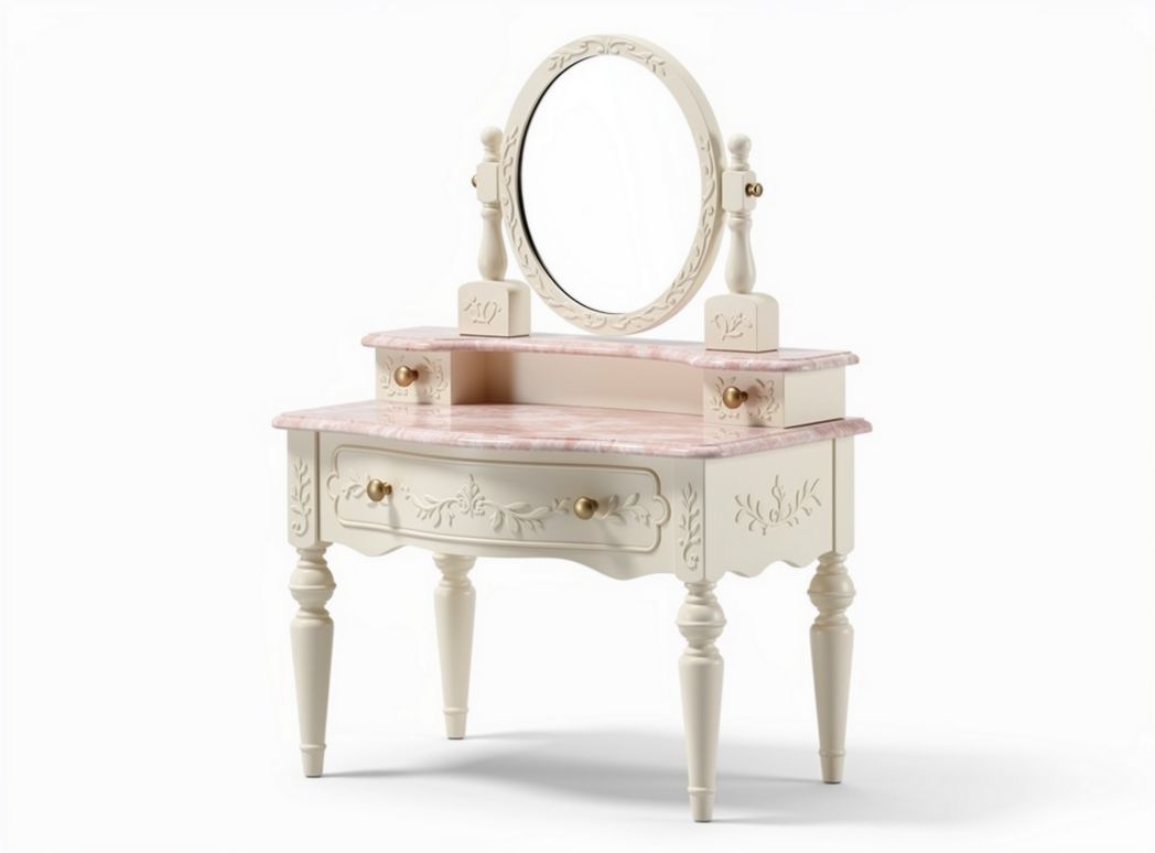 Vanity table with pink marble top and round mirror 80 x 40 x 75cm